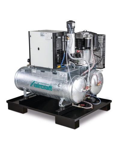 Stacjonarna sprężarka tłokowa z 2x 100-litrowymi zbiornikami sprężonego powietrza, osuszaczem czynnika chłodniczego, filtrem dok